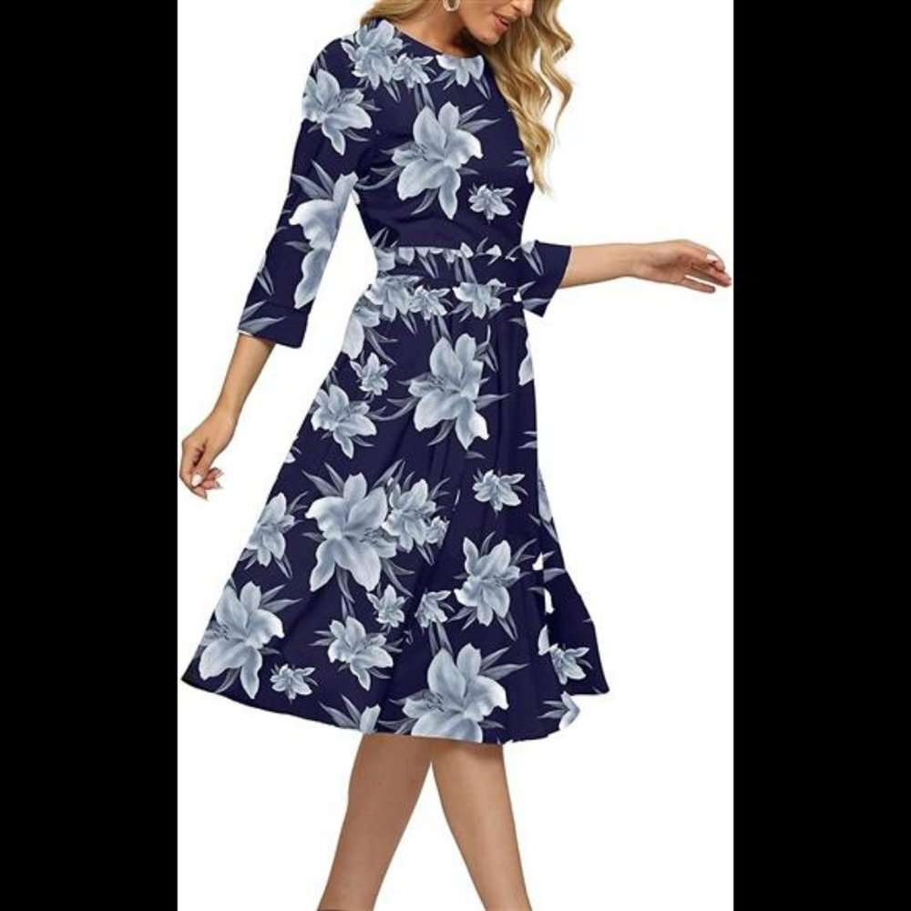 Women's Floral Vintage Dress Elegant Midi Evening Dress 3/4 Sleeves
